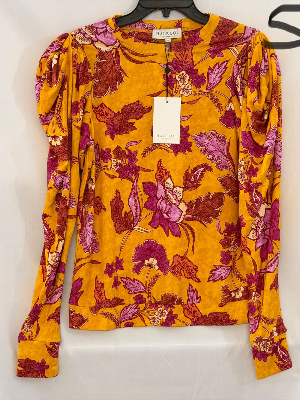 Hale Bob Mustard Yellow Floral Puff-Shoulder Long Sleeve Tee